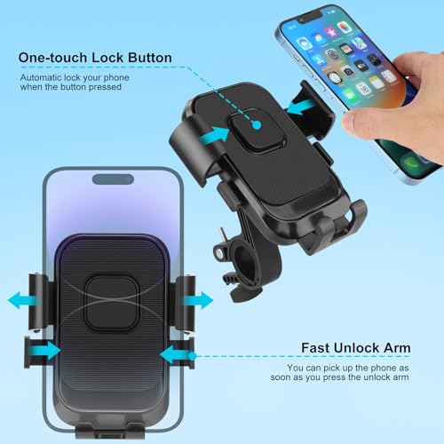 Motorcycle Bike Phone Mount, 1s Auto Lock Shockproof Anti-Shake 360° Rotation, Bicycle Electric Scooter Ebike Handlebar Cell Phone Holder for 4.7''-7.2'' Smartphones