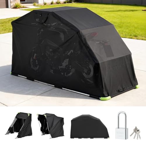 VEVOR Motorcycle Storage Shelter 110 x 43 x 63 in with Security Lock, 600D Oxford Flip-Up Garage Tent, Heavy-Duty All-Weather Motorcycle Cover Shed with 2 Side Windows, Outdoor Vehicle Shelter, Black - size: 110 x 43 x 63 inch