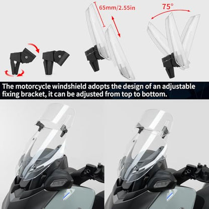 350*150mm Motorcycle Windshield, PC Plastic Front Fairing Windscreen No-Drill Mount, Heightened Design Wind Screen Windshield Spoiler Air Deflector Fits Cruiser/Touring/Retro/Scooter (Clear)