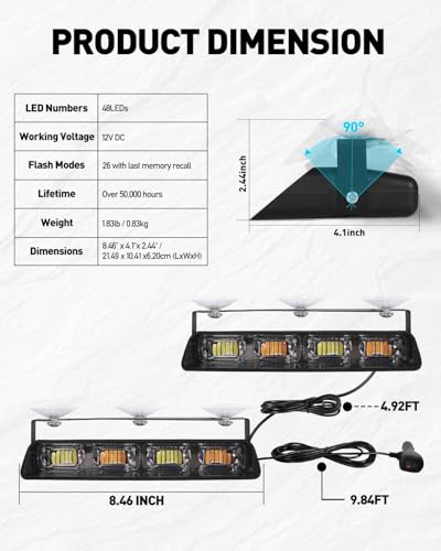 HLauto 2002L Emergency Dash Strobe Lights: Red White Safety Lights, Flashing Warning Hazard Windshield Visor Traffic Light Bars for Trucks, Construction Vehicles (2x8.5 inch, 48LED) - color: Red/White