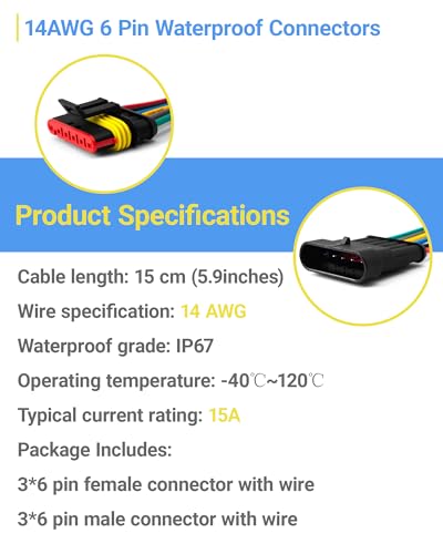 14 AWG 6 Pin Waterproof Connector, 6 Wire Automotive Waterproof Electrical Connectors, 14 Gauge Male and Female Way Connectors Harness 12V Quick Connect for Car Truck Boat Motorcycle -3 Pack - size: 6 Pin
