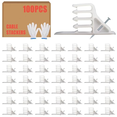 100Pcs Cable Stackers, White Cable Staples Clips with Steel Nails, Electrical Wire stackers, Insulated Cord Staples Multi Cable Wire Clips for Suitable Most Cables - color: White-Without Locking Clip