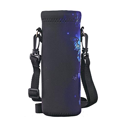 RICHEN Neoprene Water Bottle Carrier Bag with Adjustable Shoulder Strap,Insulated Water Bottle Cover for Stainless Steel/Glass/Plastic Bottles - color: Blue Butterflies, size: 750ml
