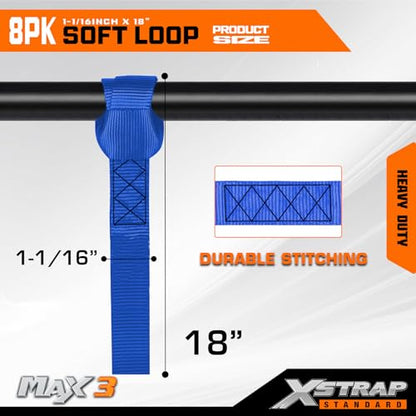 XSTRAP STANDARD Soft Loop Tie-Down Straps - 8PK 1-1/16 x 18 inches - 3600LB Breaking Strength, Loops for Securing Trailering of Bikes, ATV, UTV, Motorcycles, Scooters, Dirt Bikes, Lawn Equipment, Blue - color: Blue