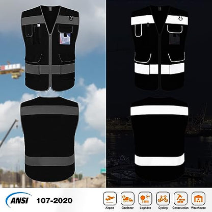 TCCFCCT Mesh Safety Vest for Men Women, 9 Pockets High Visibility Reflective Safety Vest, Hi Vis Construction Vest with Reflective Strips, Meets ANSI/ISEA Standards, (Black, Small) - color: Black Mesh-bison 03, size: Small