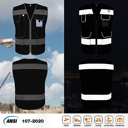 TCCFCCT Mesh Safety Vest for Men Women, 9 Pockets High Visibility Reflective Safety Vest, Hi Vis Construction Vest with Reflective Strips, Meets ANSI/ISEA Standards, (Black, Small) - color: Black Mesh-bison 03, size: Small
