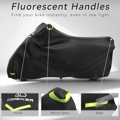 Motorcycle Cover 300D Waterproof Outdoor Night Reflective Breathable Vents All Season Rain Sun Dust Protection Universal Fit Powersports Vehicle Cover with Lock-Holes Fits up to 104" - size: 104"