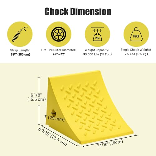 Yescom PU Wheel Chocks for Wheel 24" - 32" with 5ft Rope, 33,000 lbs Heavy Duty Capacity, Lightweight Car Chocks for Travel Trailers, RV, SUV, Truck, Camper - Anti-Slip Tread, Easy to Use & Odorless - size: for Wheel 24" - 32", 2Pack