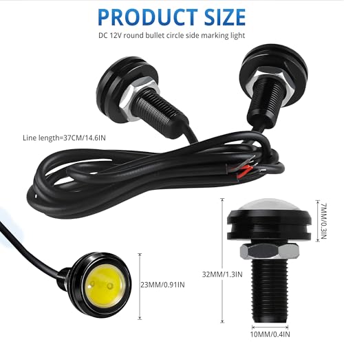 4Pcs 23mm DC 12V Black shell Eagle Eye Cob LED Car Fog DRL Daytime Running Light Backup Reverse Tail Rock Lights Headlights Signal Lamp Small bulb diy use for car and motorcycle (White) - color: White