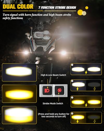 BraveWAY 60W 20000LM Motorcycle Fog Lights, LED Motorcycle Auxiliary Lights, 7 Modes Driving Light with White Amber Strobe Flash Mode, Plug and Play with Wiring Harness Kit and 2 Mounting Brackets - color: Moto-T5-1 LENS