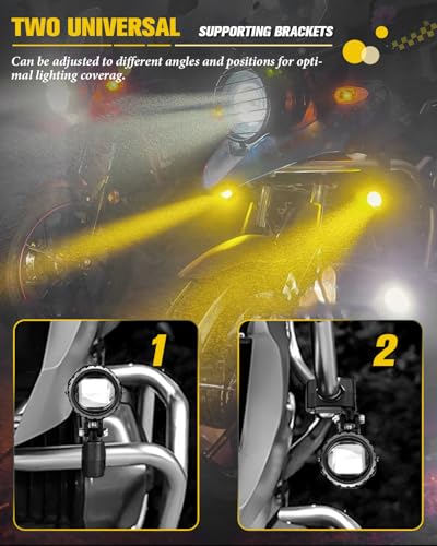 BraveWAY 60W 20000LM Motorcycle Fog Lights, LED Motorcycle Auxiliary Lights, 7 Modes Driving Light with White Amber Strobe Flash Mode, Plug and Play with Wiring Harness Kit and 2 Mounting Brackets - color: Moto-T5-1 LENS