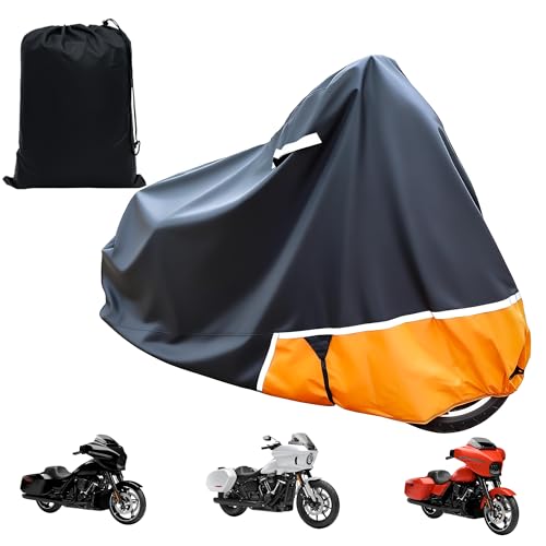 Motorcycle Cover Waterproof Outdoor 300D Oxford PU Coated, Black & Orange Motorcycle Accessories with Lock-Hole, Air Vents & Storage Bag, Fits Harley Touring Road King, Street Glide, Road Glide