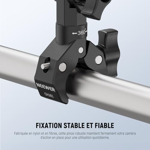 NEEWER Motorcycle Bike Handlebar Clamp Mount, Heavy Duty Clip Holder, 1/4" Screw & 3 Prong Adapter Compatible with Insta360 X5 X4 GoPro Hero 13 12 POV Video Recording, 360° Rotation & 270° Tilt, CA161 - style: CA161