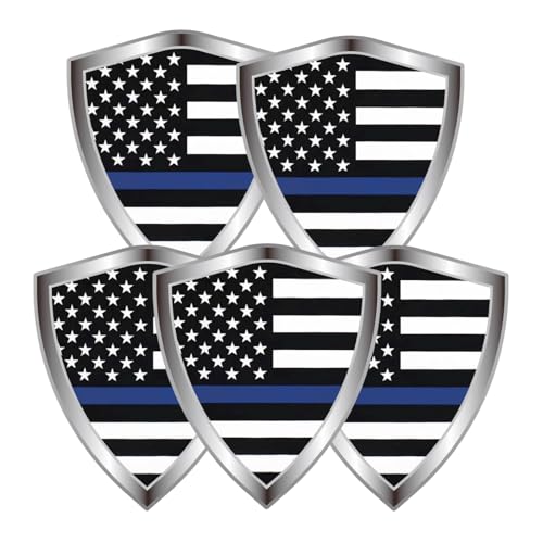 USA Thin Blue Line Flag Decal Sticker - American Police Flags Shield Shape Reflective Vinyl Car Stickers - for Car Window Bumper Laptop Waterproof Sticker (5Pcs) - color: Blue Line Police