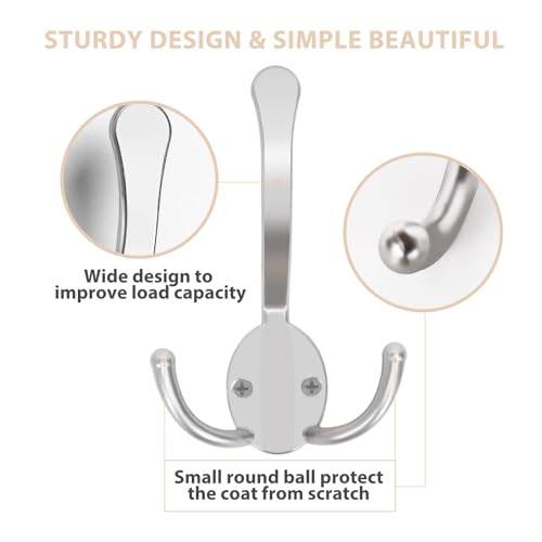 Homanu 8 Pack Coat Hooks Heavy Duty, Metal Three Prongs Large Coat Hooks Wall Mounted with 16 Screws, No Rust Silver Rustic Wall Hooks for Hanging Towel, Coat, Scarf, Bag, Hat, Cup, Key - color: 8 Pcs Silver