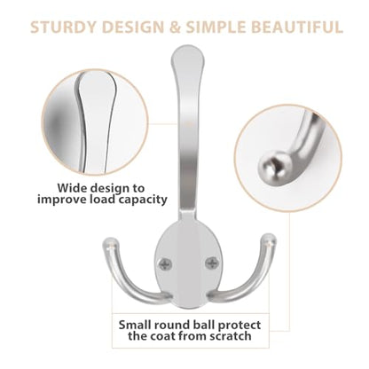 Homanu 10 Pack Coat Hooks Heavy Duty, Metal Three Prongs Large Coat Hooks Wall Mounted with 20 Screws, No Rust Silver Rustic Wall Hooks for Hanging Towel, Coat, Scarf, Bag, Hat, Cup, Key - color: 10 Pcs Silver