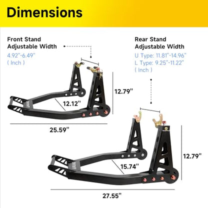 Aluminum Motorcycle Stands Front and Rear 880lbs Heavy Duty Wheel Lift Combo Swingarm Spool Peddock Stand for Yamaha Honda Kawasaki Suzuki U+L Black - color: Black