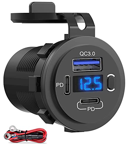 12V USB Outlet, Dual USB C Car Charger Socket & Quick Charge 3.0 Port with Voltmeter and Power Switch for Car Boat Marine Truck - color: 2PD+1QC
