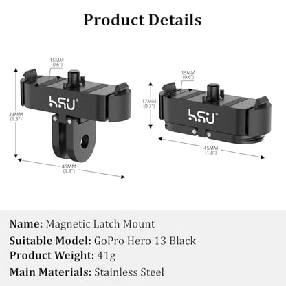 HSU Magnetic Latch Mount for GoPro Hero 13 Black/GoPro Max 2, Quick Release Mount with 1/4''-20 Screw Hole Tripod Connector Port, Metal Dual-Latch Design, GoPro Mission 1/1 PRO Accessory