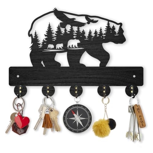 MAYJOYDIY Bear Forest Bird Coat Rack Wall Mount 11.8×7.9inch Bear Wall Art Decor Wildlife Animal Key Holder for Wall Black Wooden Key Hanger Rack 5 Alloy Hooks for Kitchen Bedroom Entryway Gifts - color: Bear Forest Eagle