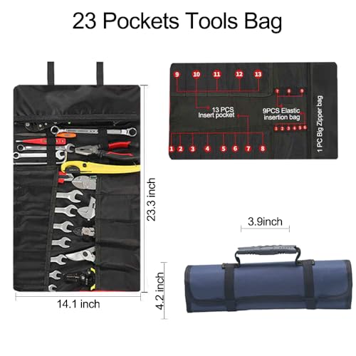 23 Pocket Tool Bag Roll Up, Tool Organizer for Men gift, Portable Tool Storage with Zipper Pouch, Compact Small Toolbag for Handyman RV Owners, Birthday Gifts - style: Blue Tool Bag