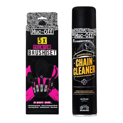 Muc-Off Motorcycle Chain Cleaner + 5x Bike Brush Kit | Motorcycle Chain Degreaser Cleaner with Chain Cleaning Brush Set | Instant Grease Cutting Formula | Easy to Use - size: 3.5 Fl Oz + 5 Brush Set