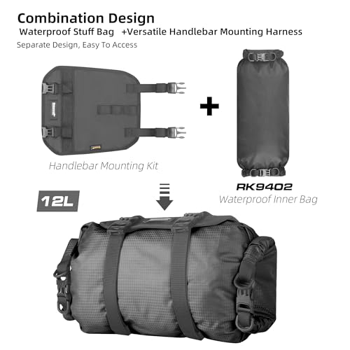 Rhinowalk Bike Handlebar Bag Waterproof Dry Bag 12L Bicycle Front Roll Bag Large Capacity Storage Bag Shoulder Bag for Bikepacking - color: Black Drawstring