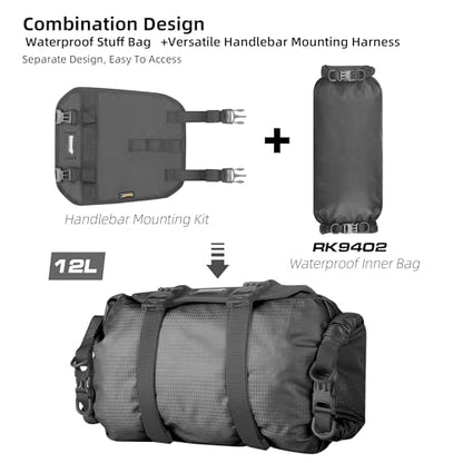 Rhinowalk Bike Handlebar Bag Waterproof Dry Bag 12L Bicycle Front Roll Bag Large Capacity Storage Bag Shoulder Bag for Bikepacking - color: Black Drawstring