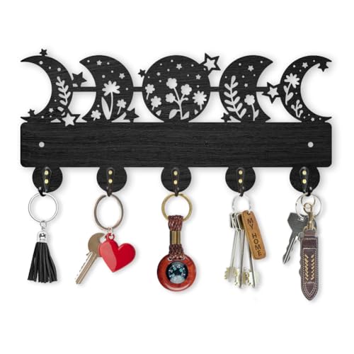 MAYJOYDIY Moon Phase Star Coat Rack Wall Mount Wooden Floral Moon Key Holder for Wall 11.8×5.5inch 5 Alloy Hooks Dreamy Wall Art Decor Black Key Rack Organizer for Gift Entryway Hallway Kitchen Room - color: Moon Phase Star