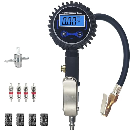SUVCARMPING 250 PSI Digital Tire Pressure Gauge, Heavy Duty Air Pressure Gauge (±1% Accurate) with Lock-on Air Chuck, LED Backlit LCD and 4-Way Valve Tool for Heavy Trucks, RVs, Cars, Blue - size: blue(Lock-on Air Chuck)