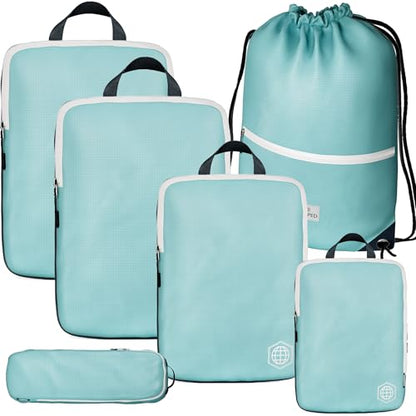 Extra Large Compression Packing Cube 6 Piece Set for Travel and Check Luggage by TRIPPED Travel Gear - color: Teal and White