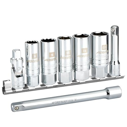 AEROFORCE 3/8-Inch Drive Spark Plug Socket Set 8PCS - Includes 6 Point Sockets 5/8-inch, 3/4-inch and 13/16-inch, 12 Point Sockets 14mm&18mm, 2 Extension Bars,Universal Joint - size: ‎8PC (14mm, 5/8", 18mm, 3/4", 13/16")