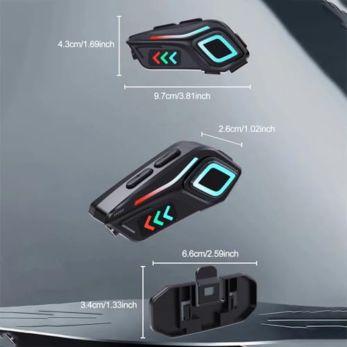 Bewinner Motorcycle Bluetooth Communication Headset, Wireless Motorcycle Earphone with Color Ambient Lights, Noise Cancellation Microphone, IP65
