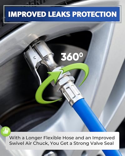 Tire Inflator with Pressure Gauge and Longer Hose - Most Accurate, Heavy Duty Air Chuck with Gauge for Air Compressor Tire Inflator Attachment - 100PSI
