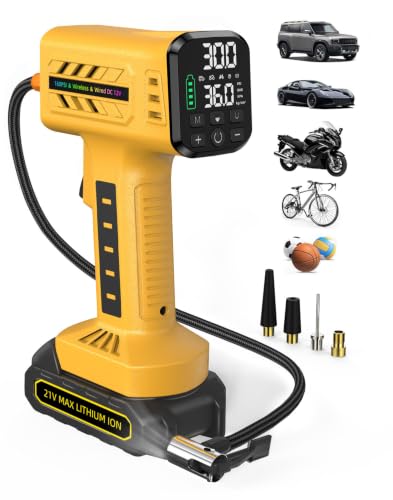 160 PSI Cordless Tire Inflator Portable Air Compressor with 10,000mAh Battery & 12V DC, Auto Shut-Off Dual Display, Replaceable Hose for Car SUV Motorcycle Bike Balls - Yellow - color: Yellow