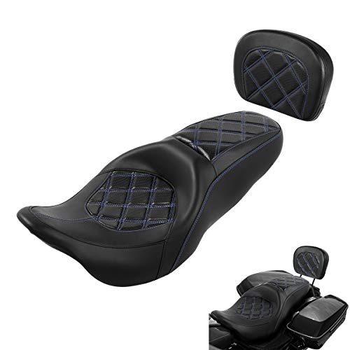 C.C. RIDER Passenger Seat Backrest Pad - Driver Passenger Sissy Bar fit for Harley Davidson Touring Road King Street Glide Electra Glide Road Glide 2009-2023 - color: Seat + Passenger Backrest Pad Black Blue