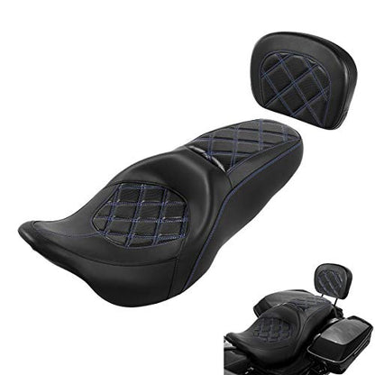 C.C. RIDER Passenger Seat Backrest Pad - Driver Passenger Sissy Bar fit for Harley Davidson Touring Road King Street Glide Electra Glide Road Glide 2009-2023 - color: Seat + Passenger Backrest Pad Black Blue