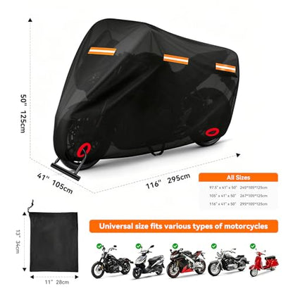 Motorcycle Cover Waterproof PE Aluminum Film Soft Cotton Lining, All-Season Outdoor Protection with Anti-Theft Lock Holes, Windproof Buckle, 5 Reflective Strips, Fits Motorcycles up to 116" - size: 116" x 41" x 50"