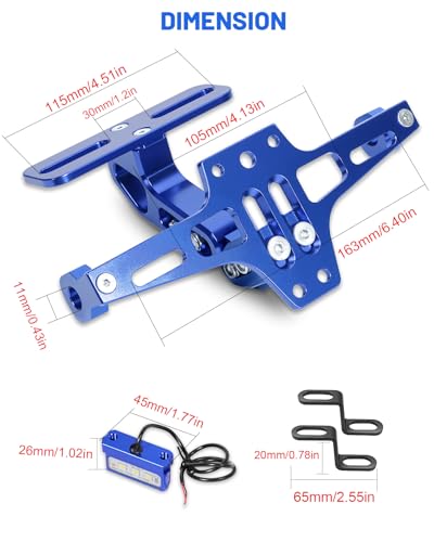 MDPROMCP Universal Motorcycle Fender Eliminator With LED Light CNC Aluminum License Plate Bracket (Blue) - size: Blue