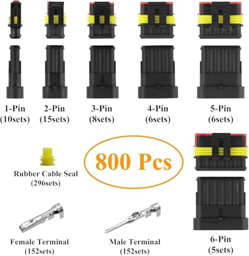 808PCS 50Sets Waterproof Automotive Electrical Connectors Plug Kit Wire Connectors 1 to 6 Pin with Ratcheting Crimper Pliers Fit 16-22 AWG Wire Car Truck Motorcycle Boat Marine