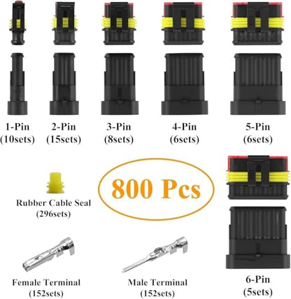 808PCS 50Sets Waterproof Automotive Electrical Connectors Plug Kit Wire Connectors 1 to 6 Pin with Ratcheting Crimper Pliers Fit 16-22 AWG Wire Car Truck Motorcycle Boat Marine