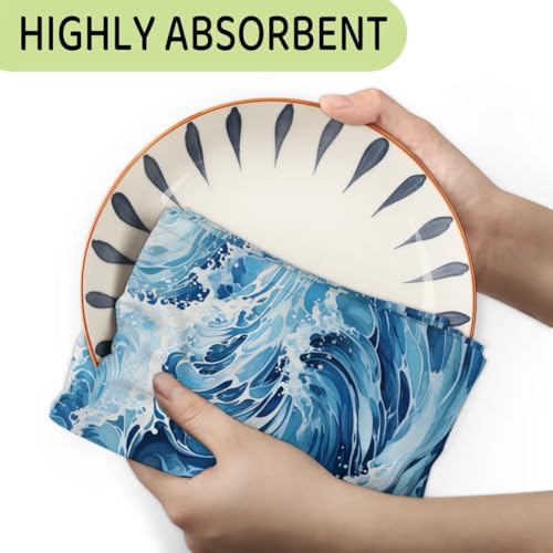 Ocean Waves Kitchen Towels Set of 2 Summer Sea Dish Towels Bar Absorbent Cleaning Tea Towel for Home Dining Restaurants - color: Blue