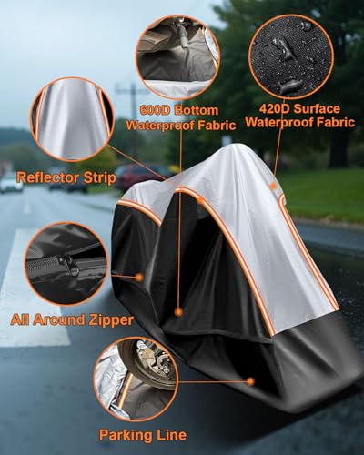 Full Enclosed Motorcycle Cover Waterproof Outdoor/Indoor Storage Waterproof Motorcycle Cover Heavy Duty with Reflective Strips Fits Dirt Bike/Scooter Motorcycles Length up to 96"（Black+Sliver） - size: 2.(XXL)96"Lx45"Wx53"H