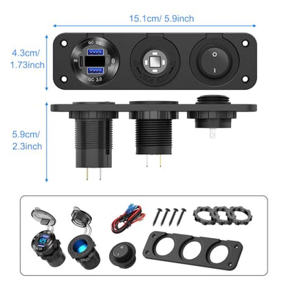 12V USB Outlet Boat Accessories Marine Switch Panel Plug, PD3.0 and Dual QC3.0 USB Ports Aluminum Car Charger with Voltmeter, Lighted 150W Cigarette Lighter Socket and Toggle Switch 3 in 1 DIY Kit - color: Charger+Socket+Switch