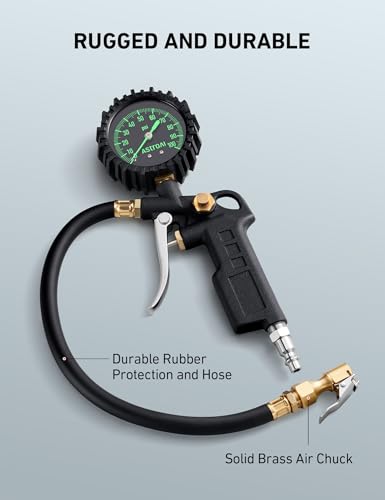 AstroAI Tire Pressure Gauge with Inflator, 100 PSI-ANSI B40.1 Accurate, Large 2.5" Easy Read Glow Dial, Heavy Duty Air Chuck and Compressor Accessories with Rubber Hose and Quick Connect Coupler - style: without case