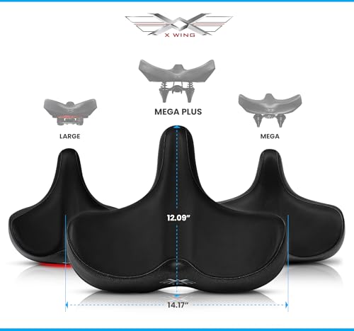 X WING New-Age Noseless Bike Seat Cushion for Men & Women - Extra Padding & Wide - Suitable for City, Electric, Stationary Bikes - Compatible with Peloton Bikes – Wide Winged Bike Seat with Cushion - color: Black Mega Plus