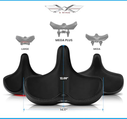 X WING New-Age Noseless Bike Seat Cushion for Men & Women - Extra Padding & Wide - Suitable for City, Electric, Stationary Bikes - Compatible with Peloton Bikes – Wide Winged Bike Seat with Cushion - color: Black Mega Plus
