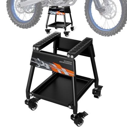 Dirt Bike Stand Movable with Wheels Motorcycle Lift Panel Stand Maintenance Heavy Duty Universal Stand for Most Motorcycles Motocross Dirt Bike Dual Sport Enduro Black