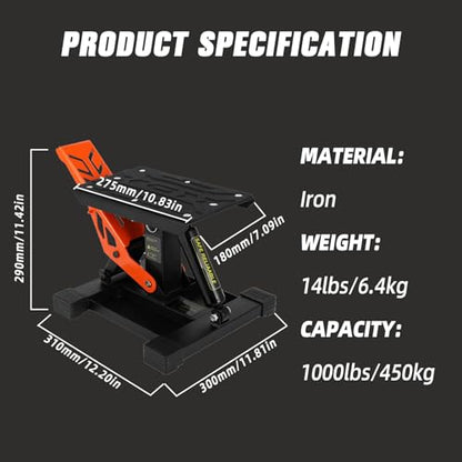 Motorcycle Lift Stand Dirt Bike Jack Stand 1000Lbs Capacity Hydraulic Lift Adjustable Height Hoist Table for Dirt Pit Bike Ebike Repair Maintenance KLX CRF Surron Talaria eRide Tuttio