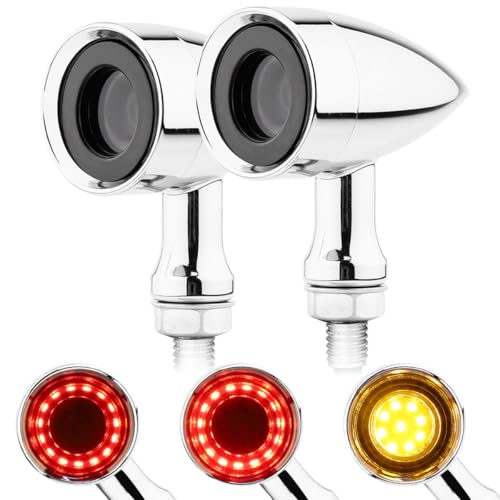 TSUNG Universal Motorcycle LED Turn Signals Lights Small Bullet Front Rear Blinkers Tail Lights for Cruiser Chopper Bobber Cafe Racer Street Bike (RING-Chrome, Red&Amber) - color: RING-Chrome, size: 2PCS Rear